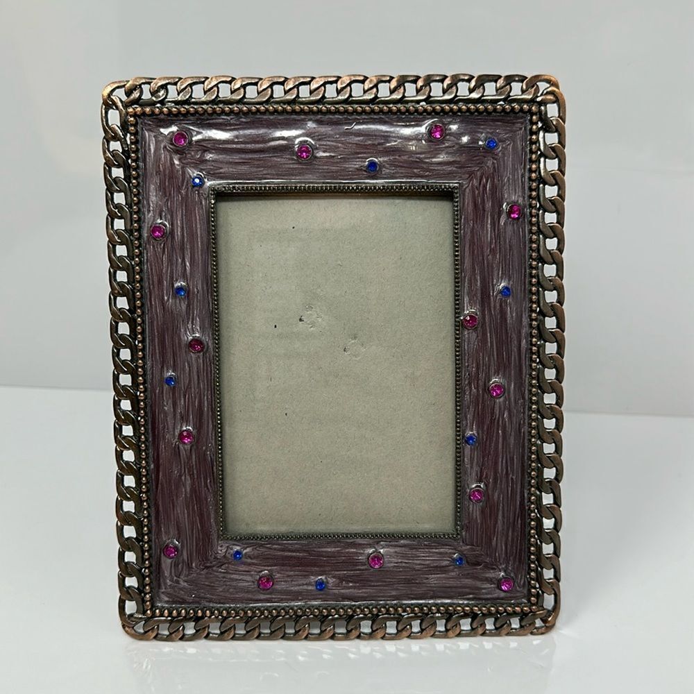 Metal enamel picture frame with gemstones 3x4.5